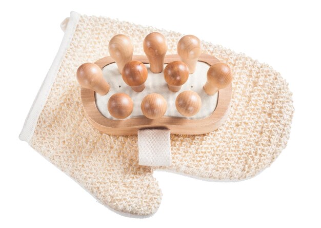 Washcloth wooden massager isolated on white