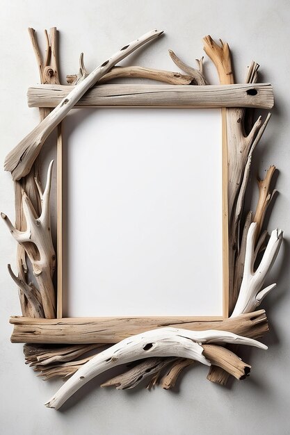 Photo washed ashore driftwood blank frame mockup with white empty space for placing your design