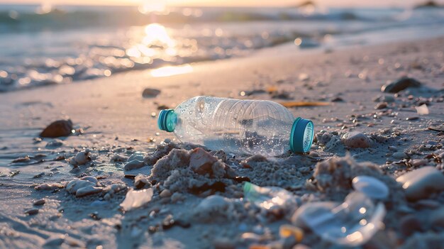 Photo washed ashore a plastic bottle finds its final resting place on a beach littered with trash