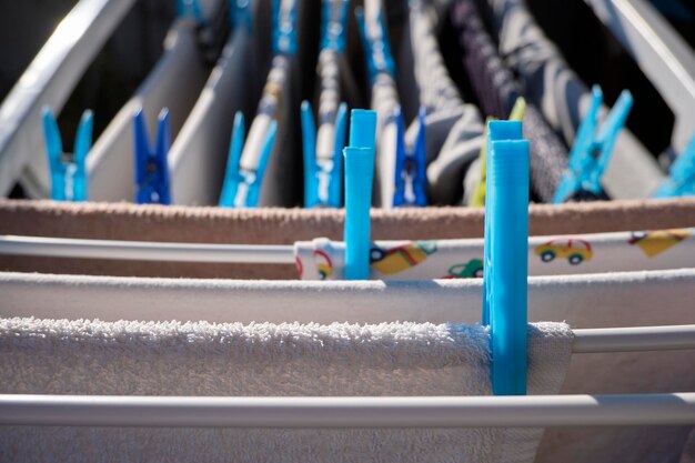 Washed clothes on a drying rack