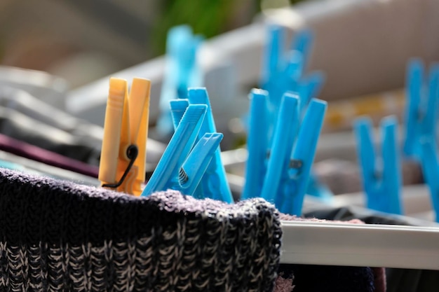 Washed clothes on a drying rack