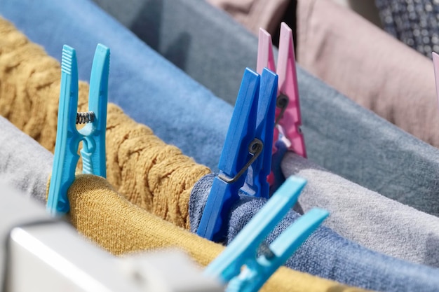 Washed clothes on a drying rack