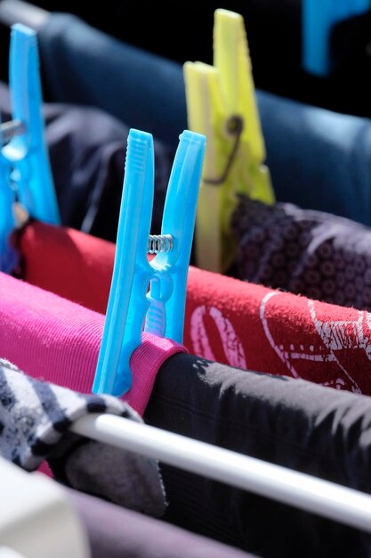 Washed clothes on a drying rack