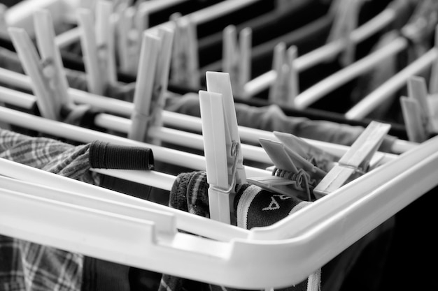 Washed clothes on a drying rack