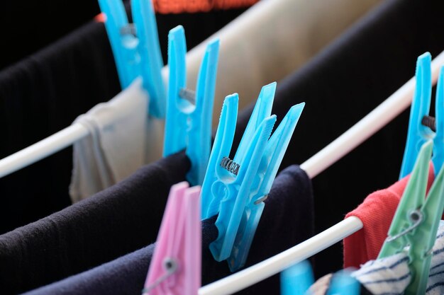 Photo washed clothes on a drying rack