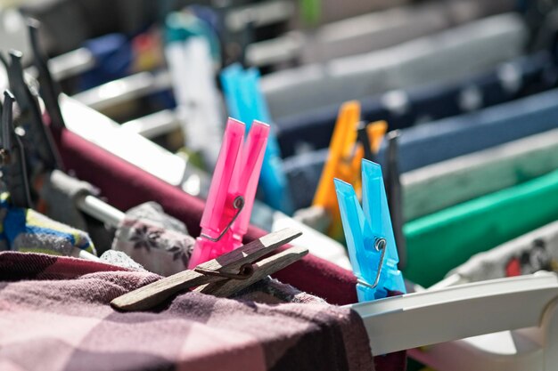 Washed clothes on a drying rack