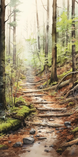 Washedout pathway hyperdetailed watercolor landscape painting