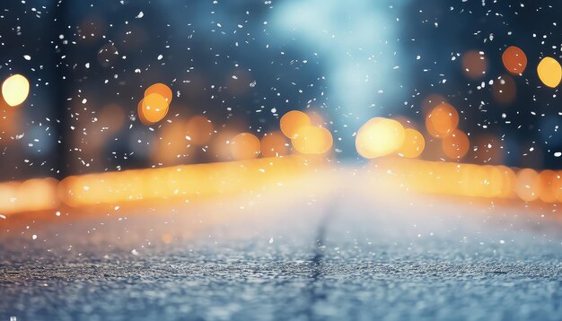 Washedout road with snow and lights