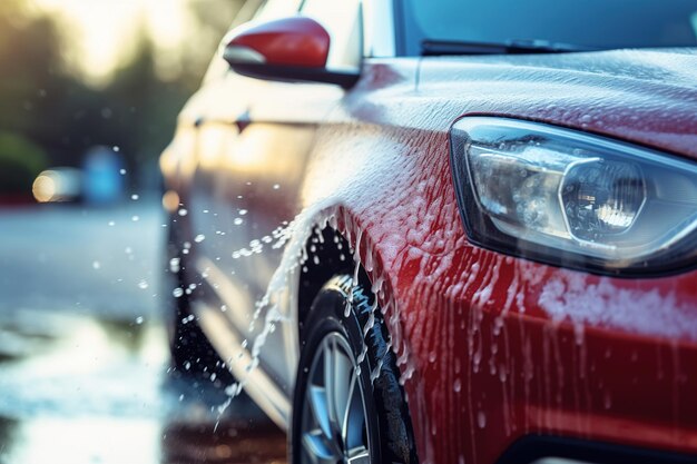 washing car car with foam on the car wash