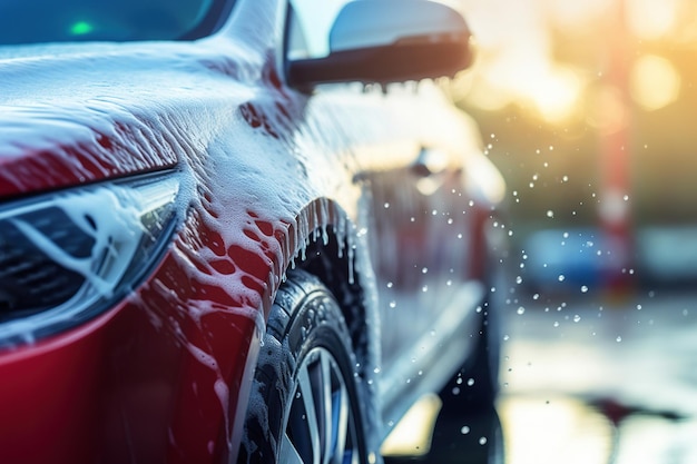 washing car car with foam on the car wash