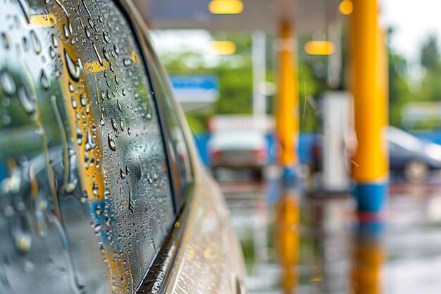 Washing car window while filling petrol cars at gas station