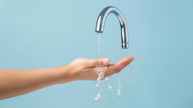 Умывание рук мылом на текущей воде рука, держащая воду, капающую из крана