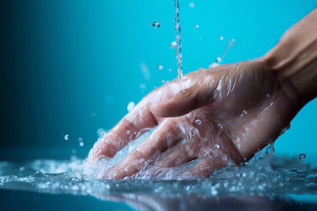 Washing hands on blue background closeup