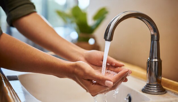 Washing hands under the flowing water tap