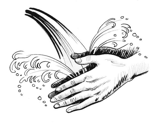 Washing hands. Ink black and white drawing