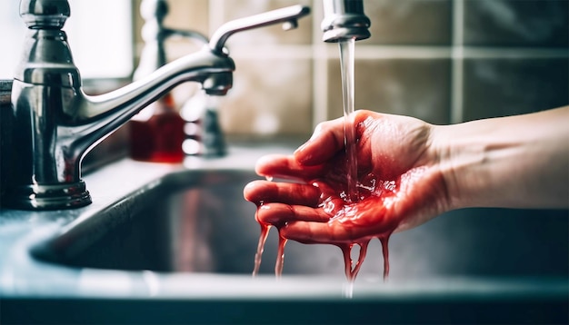 Washing hands with blood washing bleeding hands in sink Crime scenemurderaccident concept copy