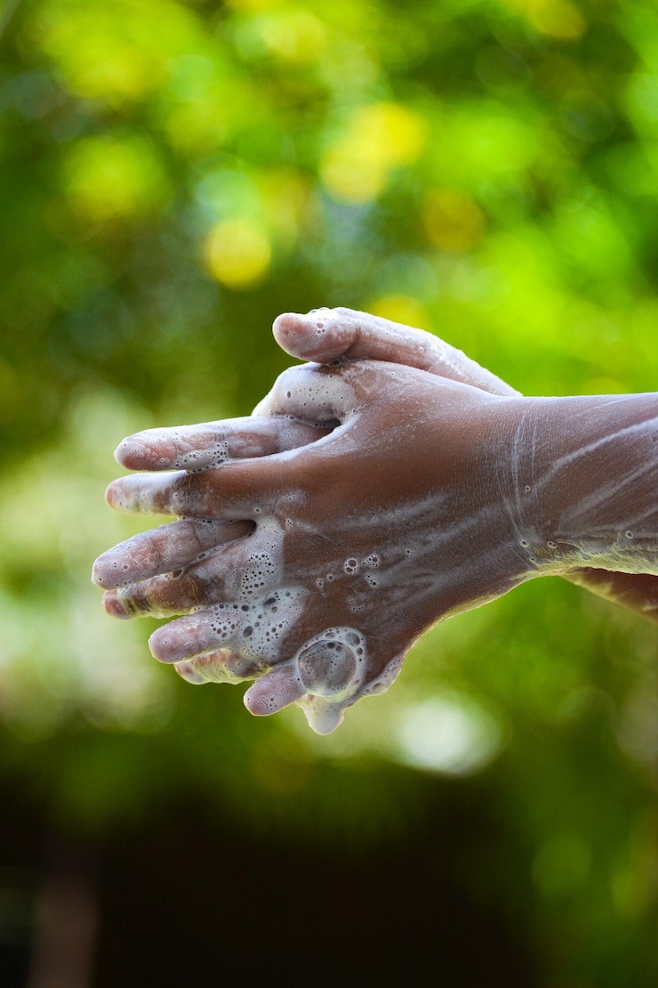 Photo washing hands with soap cleanliness and body care concept