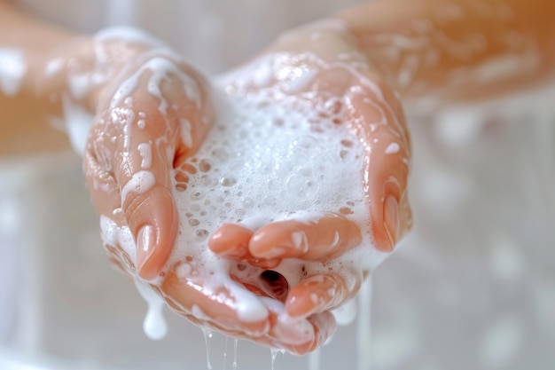 ソープで手を洗う クローズアップ 女性 手のひらを洗う 石<unk>で腕を洗う 手を洗う