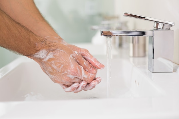 Washing of hands with soap under running water