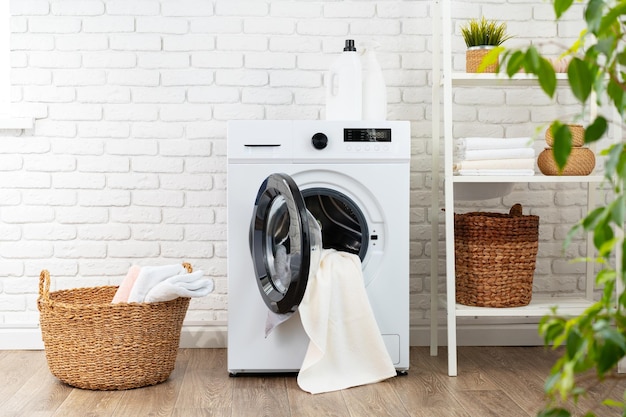 Washing machine and basket in a laundry room