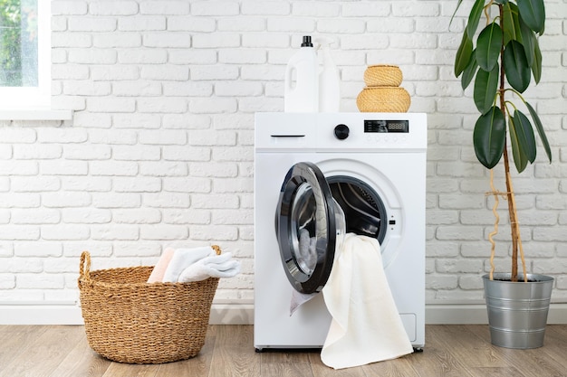 Photo washing machine and basket in a laundry room