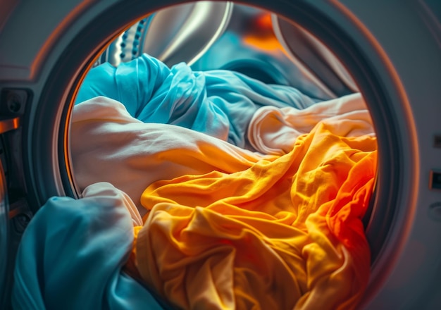 Washing machine clean laundry and clothes at laundromat business home and self service fresh