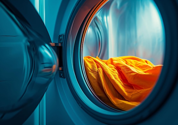 Washing machine clean laundry and clothes at laundromat business home and self service fresh