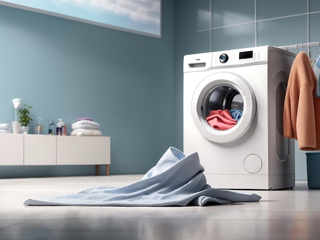 washing machine in a clean room with Hud and flying clothes design as wide banner Generative ai