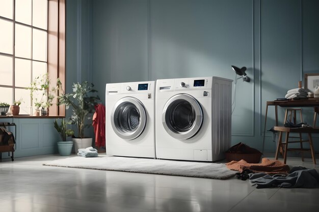 Photo washing machine in a clean room with hud and flying clothes design as wide banner with copy space