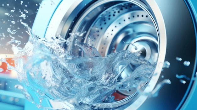 洗機のドラムと水のクローズアップ 水のスプラッシュとネオンライト 生成的なAI