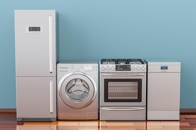 Фото Смывальная машина, газовая плита, холодильник и посудомоечная машина в комнате на деревянном полу 3d-рендеринг