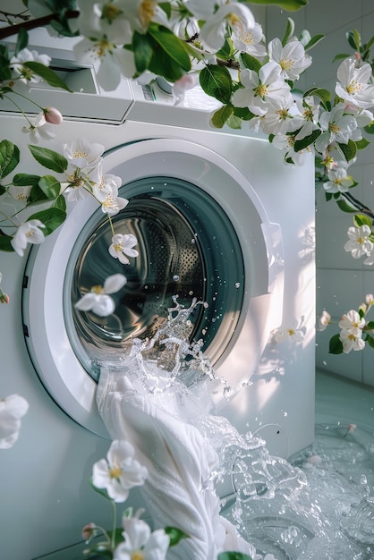 Washing machine in laundry room with basket full of clothes