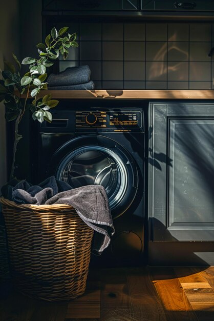 Washing machine in laundry room with basket full of clothes