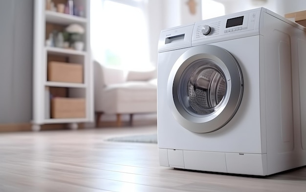 A washing machine in a living room with a white door.