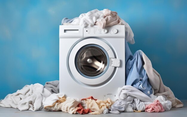 Photo washing machine and a neatly piled stack of clothing