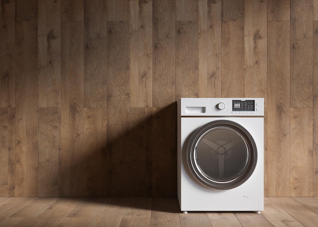 Washing machine standing in empty room Copy space for text or other objects Household electrical equipment Modern home appliance used to wash laundry Frontloader clothes washer 3d rendering