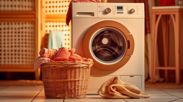 Washing machine Washing gel and laundry basket in house interior design