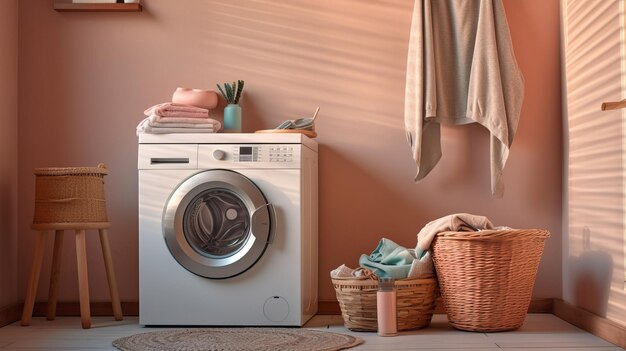 Washing machine Washing gel and laundry basket in house interior design