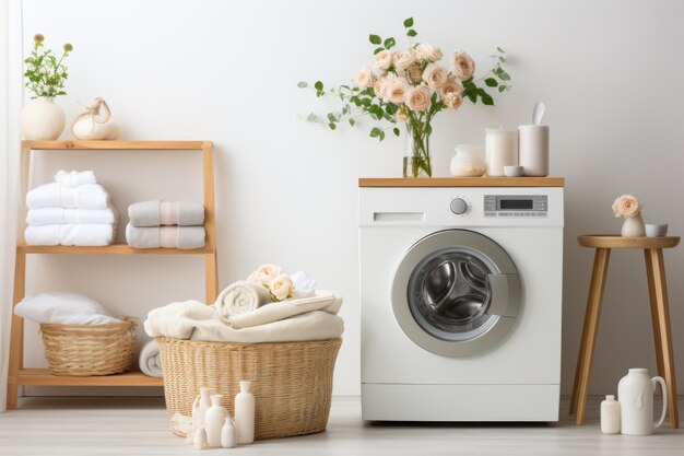 Washing machine in a white room with plants beside it Generative AI