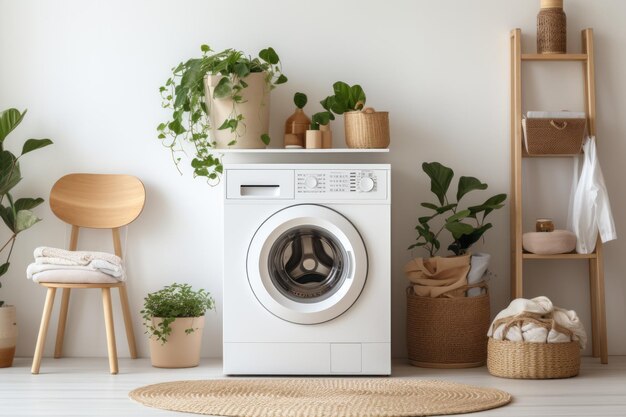 Washing machine in a white room with plants beside it Generative AI