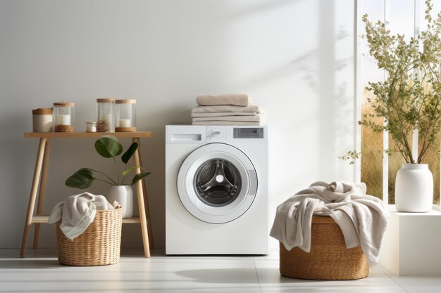 Washing machine in a white room with plants beside it Generative AI