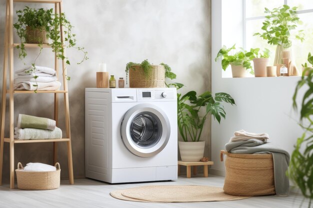 Washing machine in a white room with plants beside it Generative AI