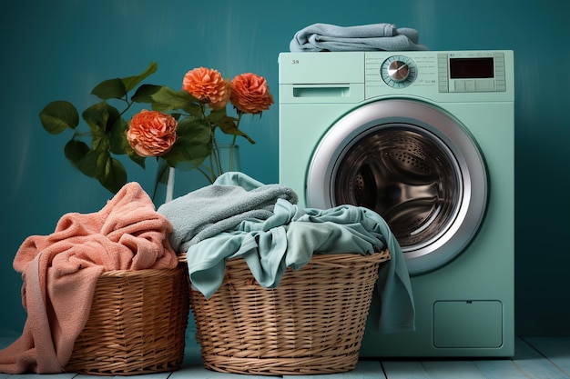 Washing machine with basket of dirty clothes on table in laundry room