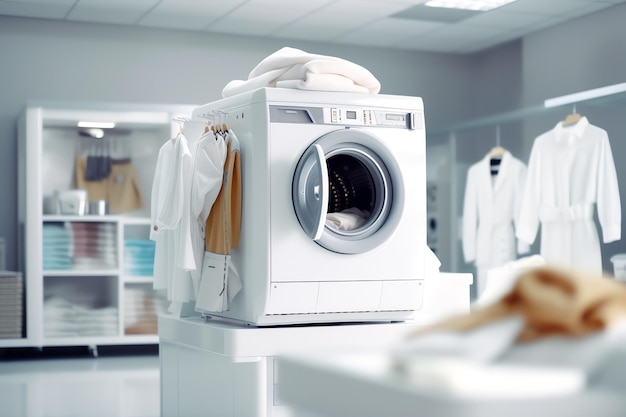 A washing machine with clothes on a rack