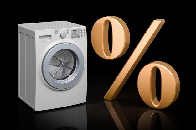 Washing machine with golden percent symbol Discount concept 3D rendering