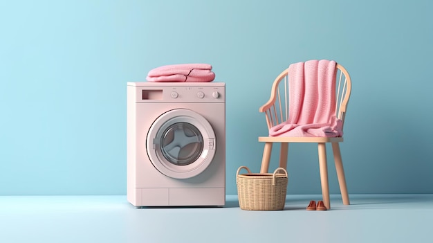 ミニマリストスタイルの色の壁の近くに洗濯物を備えた洗濯機