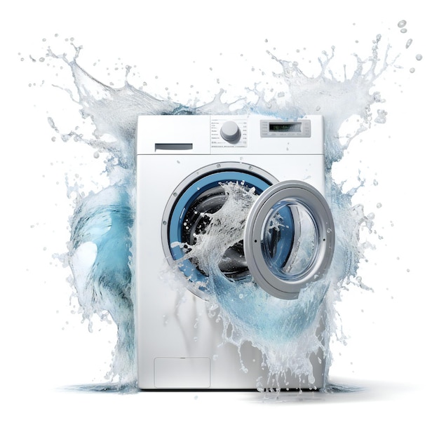 washing machine with water splashing out on white background