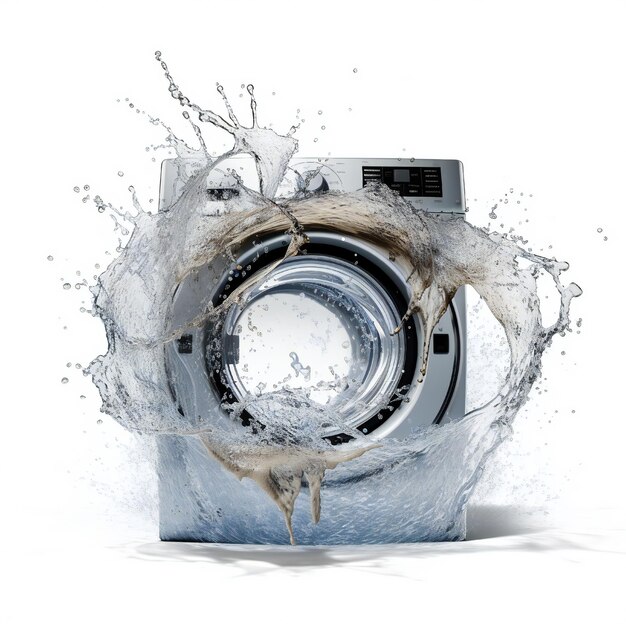 Photo washing machine with water splashing out on white background