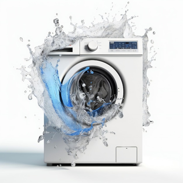 Photo washing machine with water splashing out on white background