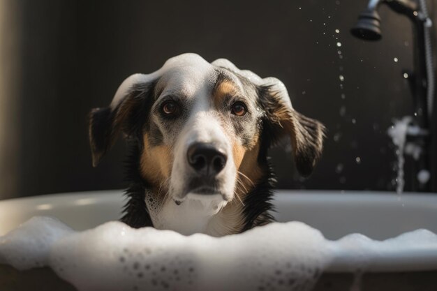 Washing pet Cute dog in bath with shampoo foam Generative AI